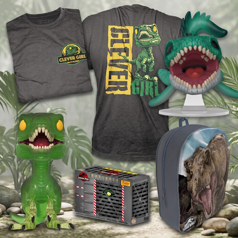 Pack Funko Jurassic World con figuras, camiseta gris y mochila de dinosaurios