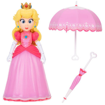 Figura articulada de Peach con vestido rosa, parasol y paraguas