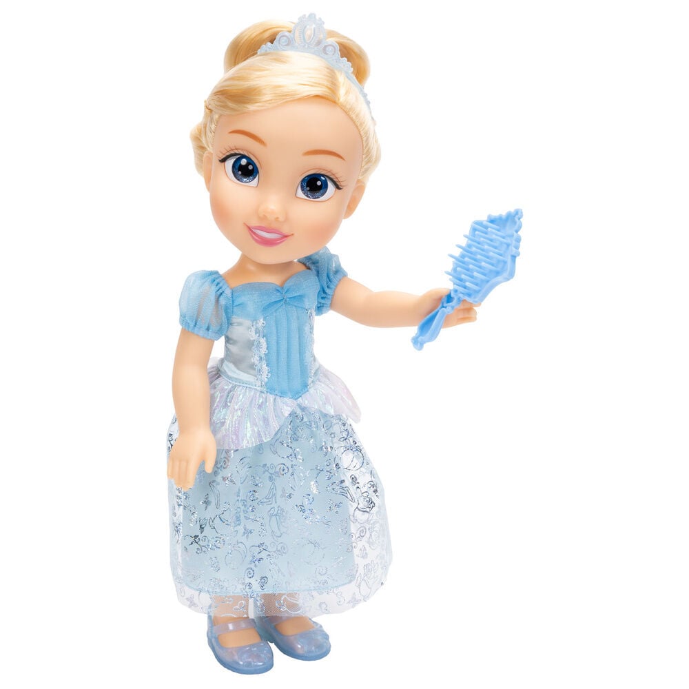 Muñeca Disney Cenicienta de 38 cm con vestido azul, tiara y cepillo