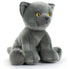 Peluche gris de gato azul ruso sentado con ojos amarillos