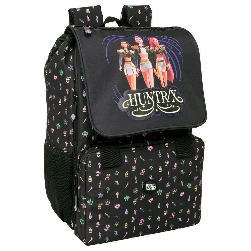 Mochila Sound SAFTA de Kpop Demon Hunters con diseño negro y estampado multicolor