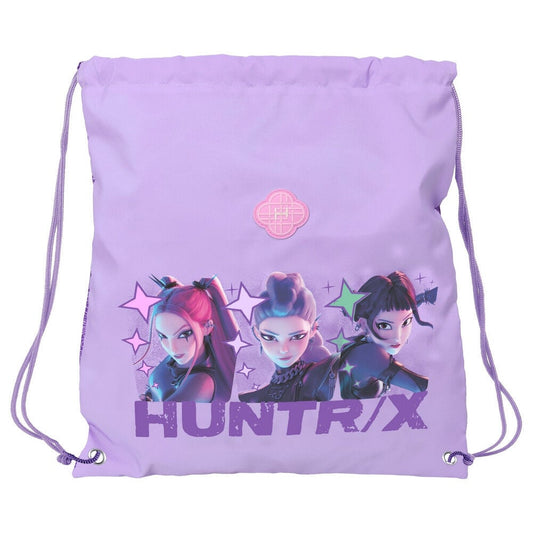Saco lila SAFTA HUNTRIX de Kpop Demon Hunters con tres personajes