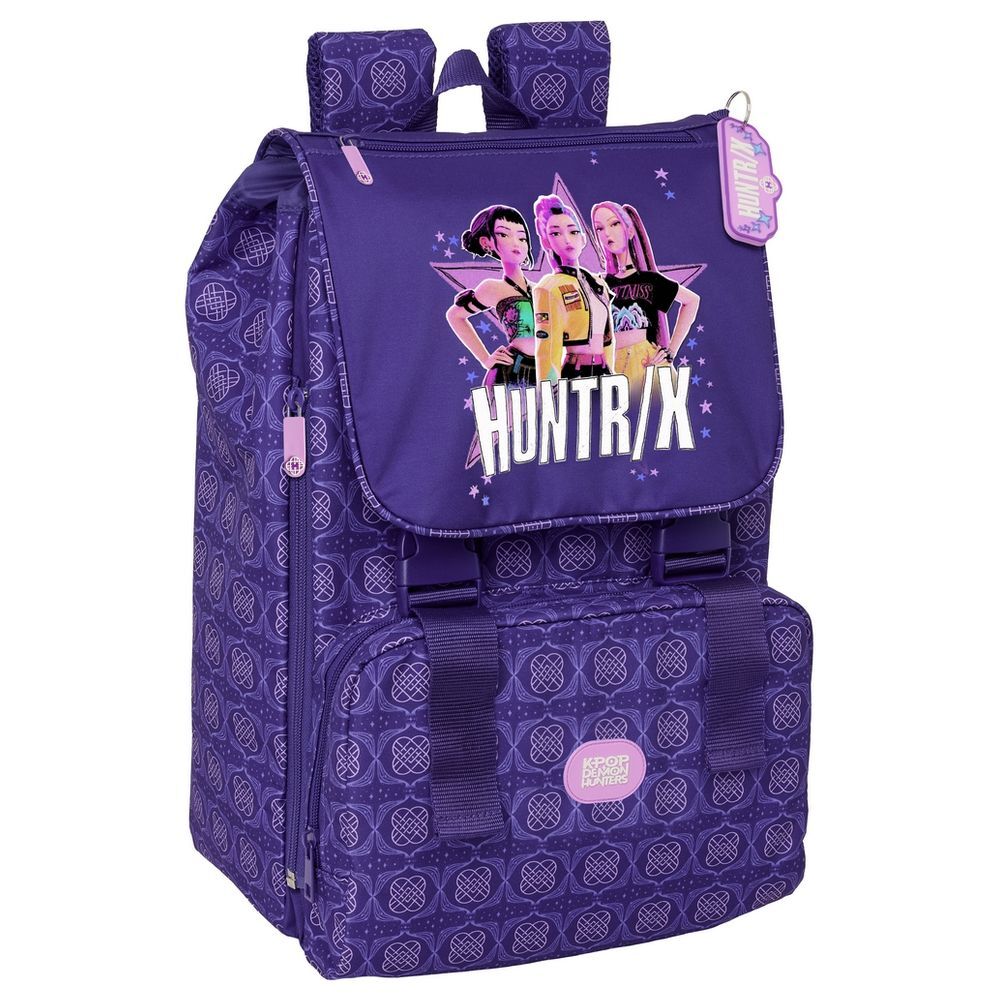 Mochila morada Huntrix de Kpop Demon Hunters con bolsillos y estampado frontal