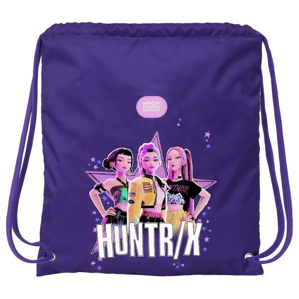 Saco morado HUNTR/X de Kpop Demon Hunters con tres protagonistas