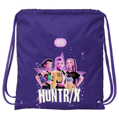 Saco morado HUNTR/X de Kpop Demon Hunters con tres protagonistas