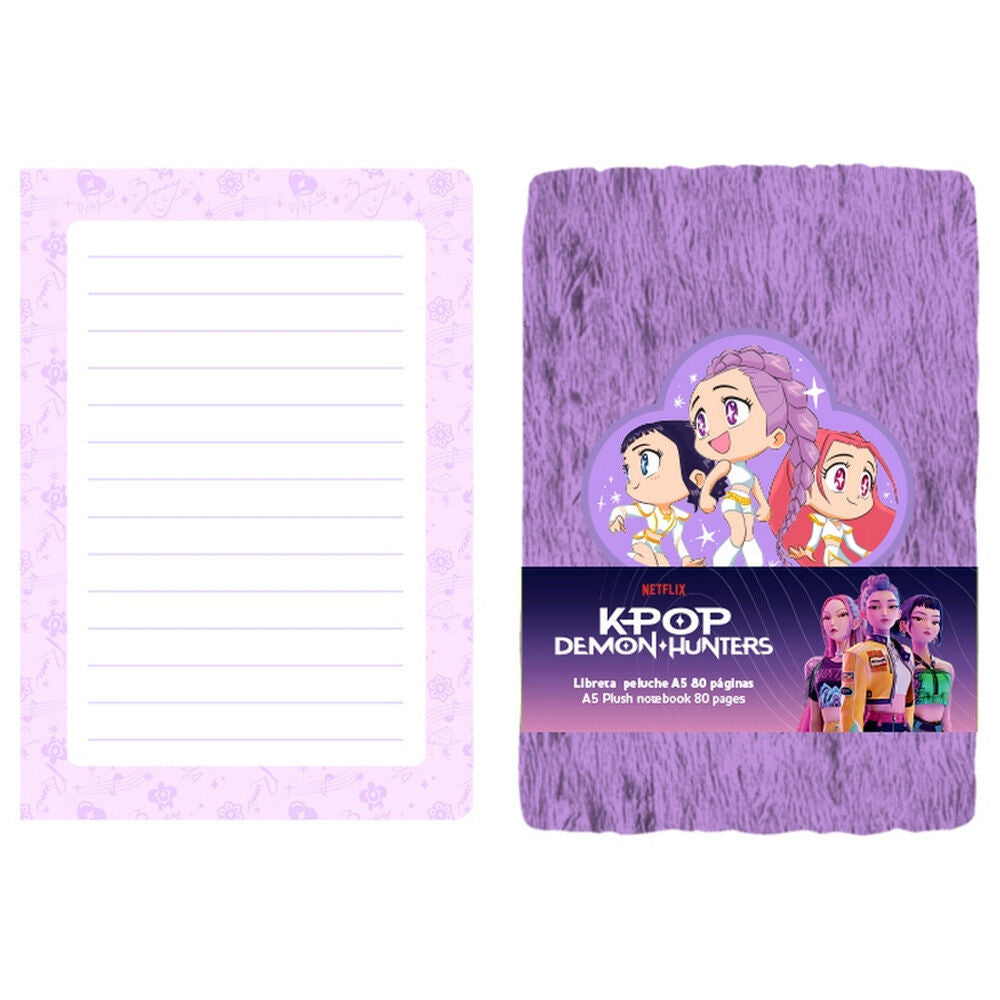 Cuaderno A5 morado de Kpop Demon Hunters con cubierta de pelo y personajes chibi
