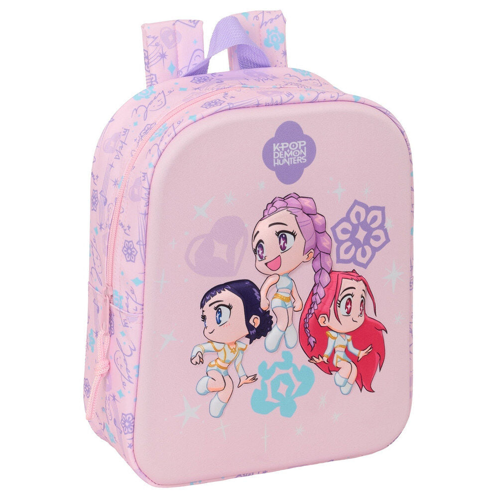 Mochila 3D rosa KPop Demon Hunters con tres personajes chibi