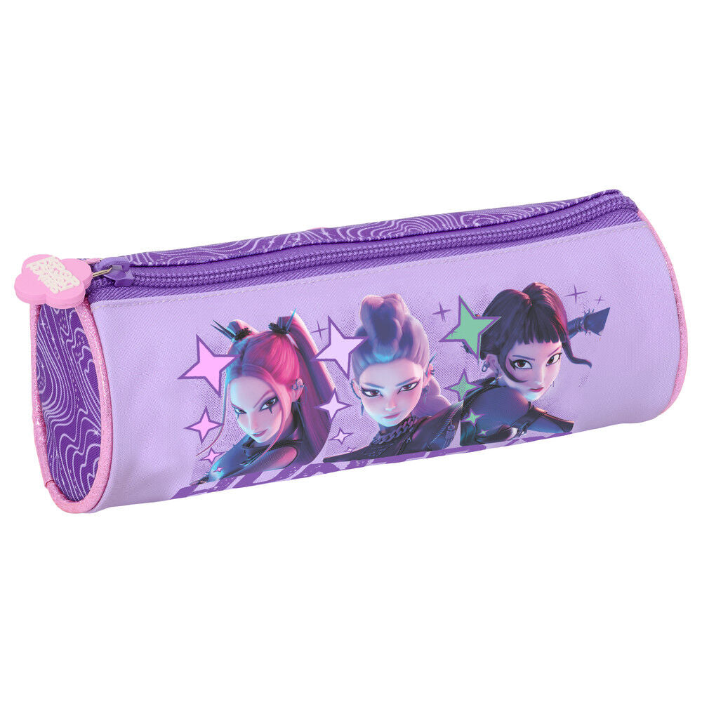 Portatodo morado SAFTA Battle KPop Demon Hunters con tres personajes