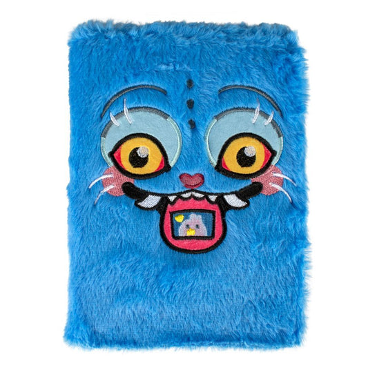 Cuaderno A5 azul de peluche con la cara de Derpy de KPop Demon Hunters