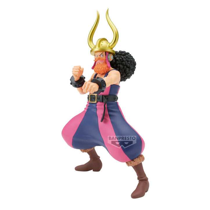 Figura de Usopp de One Piece con casco dorado y atuendo rosa y azul
