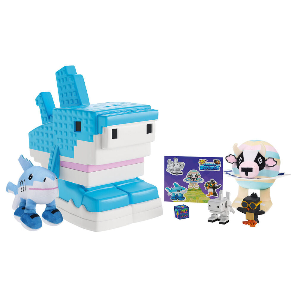 Estuche azul y blanco de Steal A Brainrot con figuras y artículos de colección