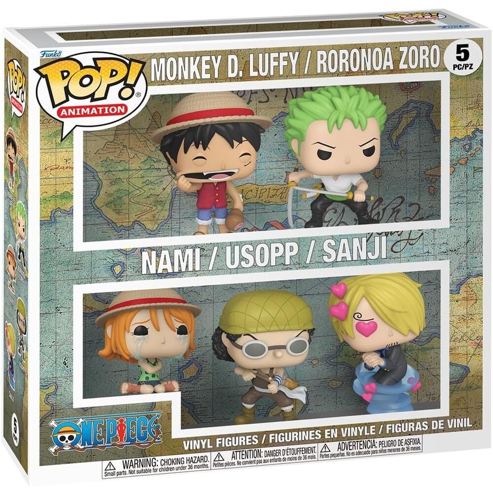 Blister Funko POP! de One Piece con figuras de Luffy, Zoro, Nami, Usopp y Sanji