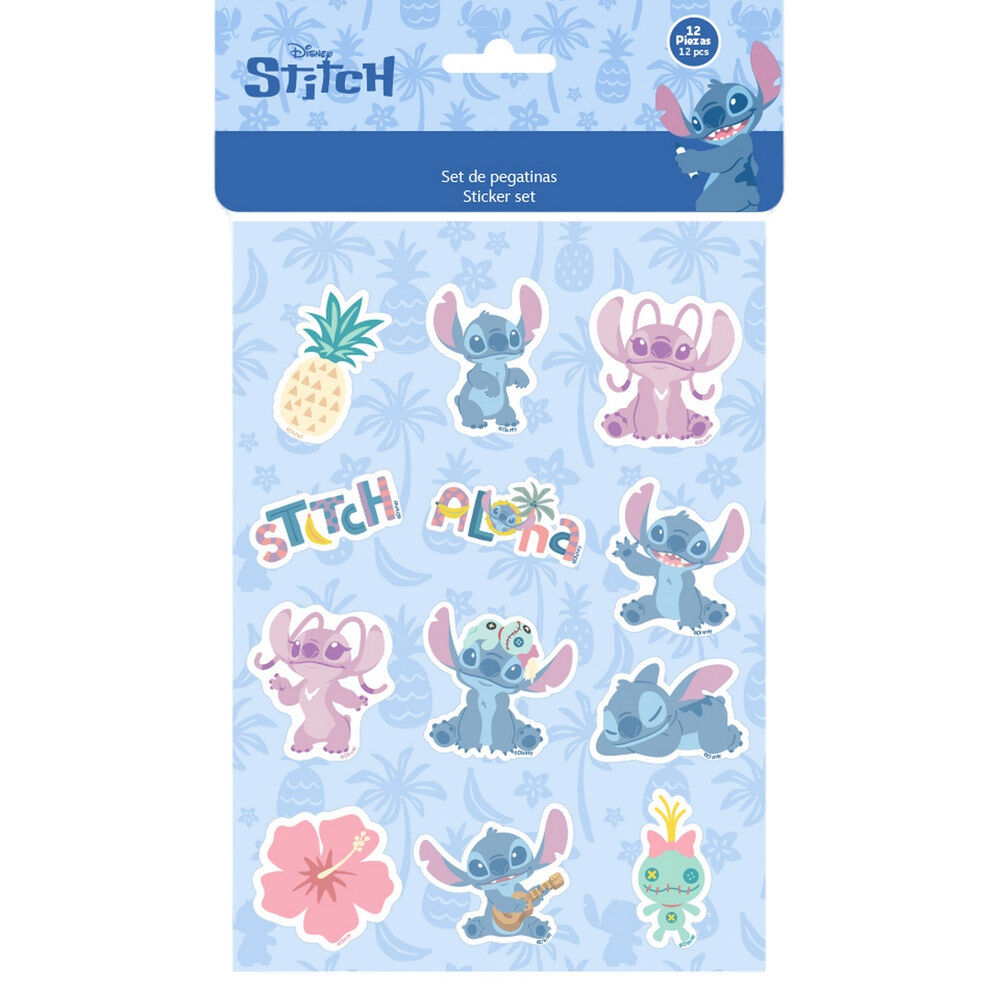Set de 12 pegatinas Stitch Disney con diseños tropicales