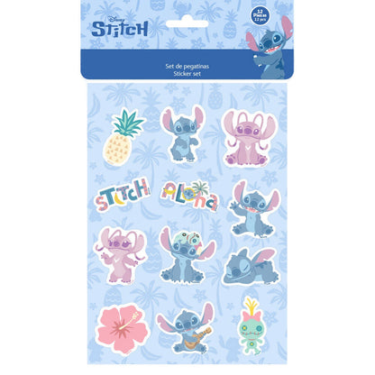 Set de 12 pegatinas Stitch Disney con diseños tropicales