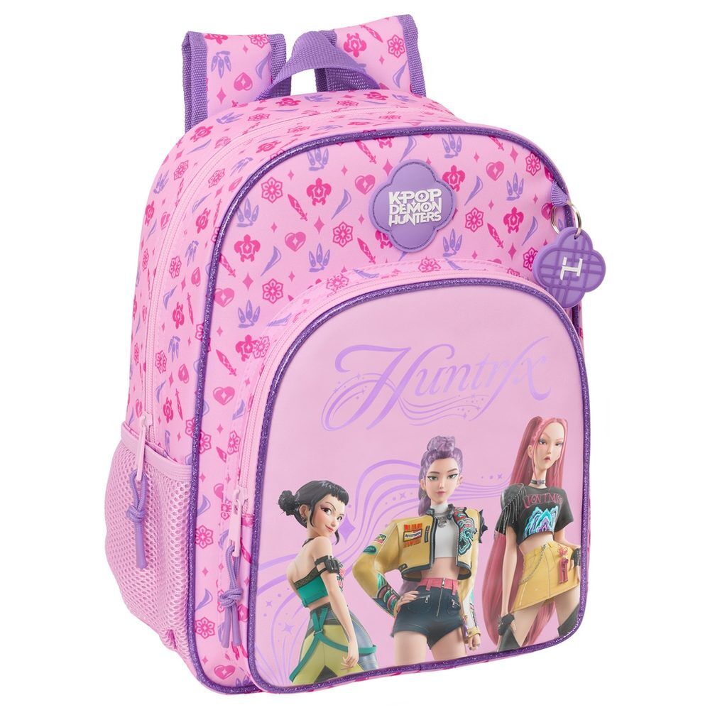 Mochila rosa y morada Kpop Demon Hunters con personajes en el frontal