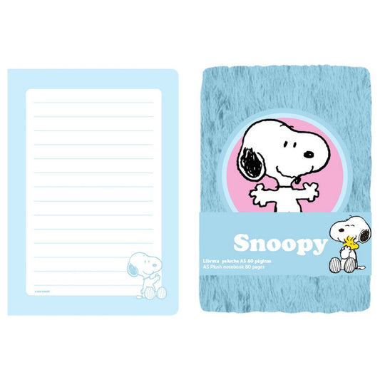 Cuaderno A5 azul de peluche con Snoopy y páginas rayadas