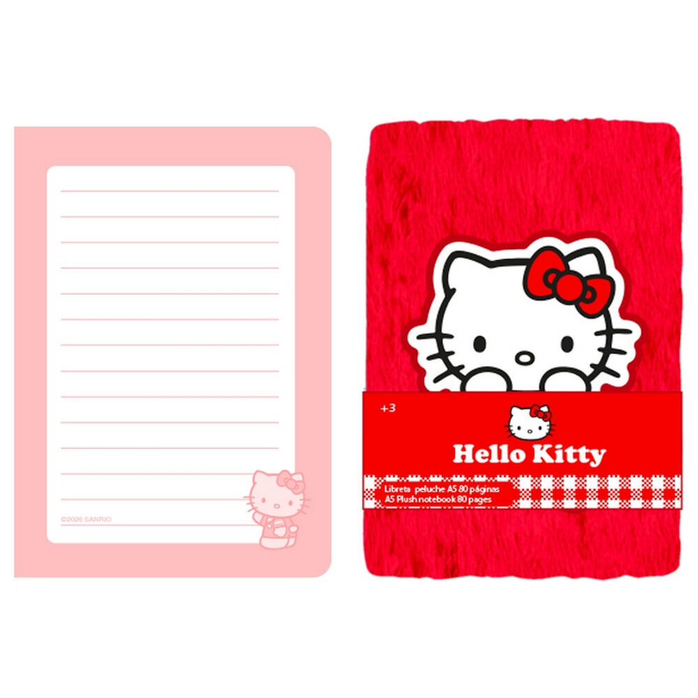 Cuaderno de peluche rojo A5 de Hello Kitty con páginas pautadas