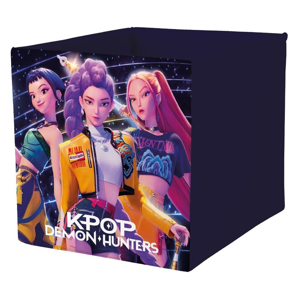 Cubo de almacenaje morado de K-Pop Demon Hunters con las tres protagonistas