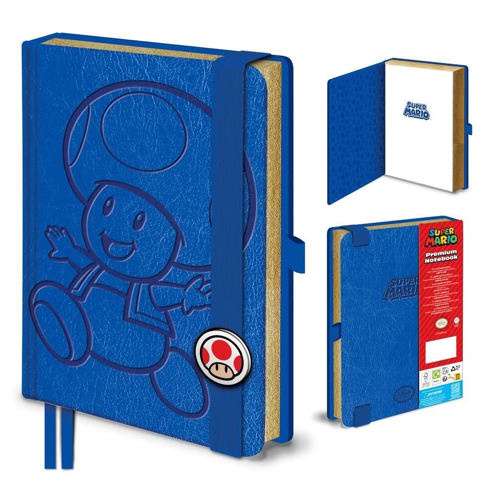 Cuaderno A5 azul de Toad Super Mario con tapa dura y cantos dorados