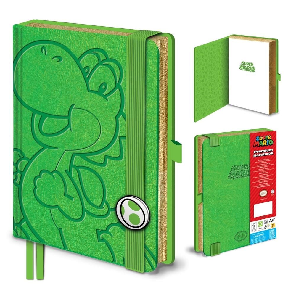 Cuaderno A5 verde de Yoshi y Super Mario con cierre elástico