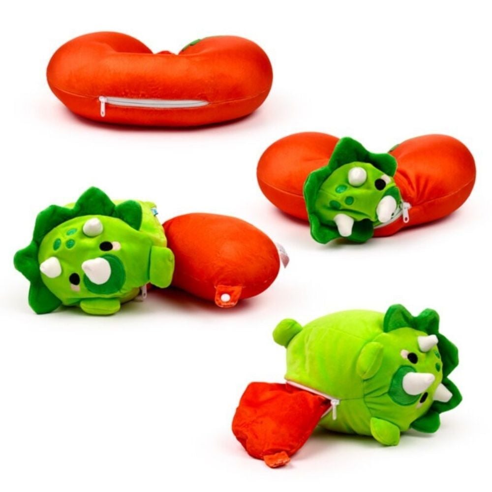 Peluche dinosaurio verde transformado en almohada de viaje naranja