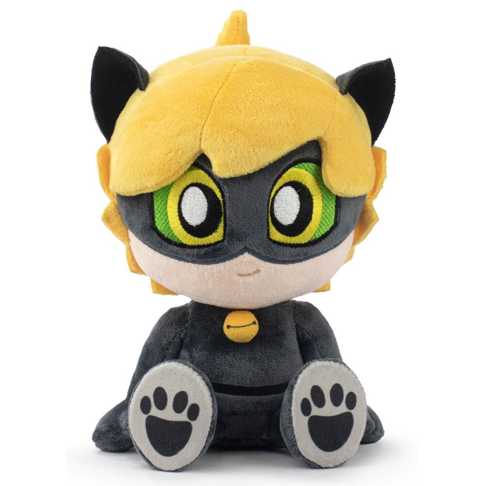 Peluche de Cat Noir de Ladybug con traje negro y máscara de ojos verdes