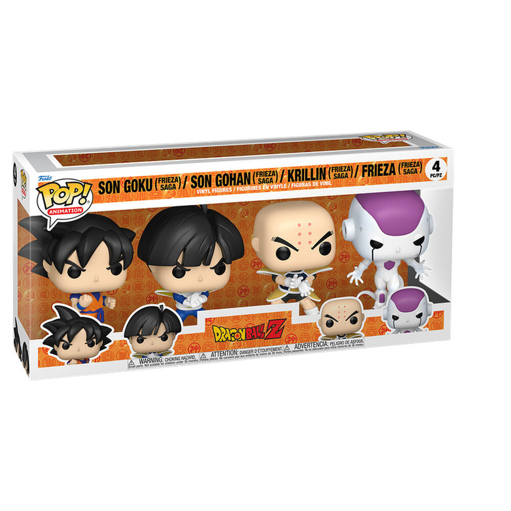 Blíster Funko POP! con cuatro figuras de Dragon Ball Z: Goku, Gohan, Krillin y Frieza