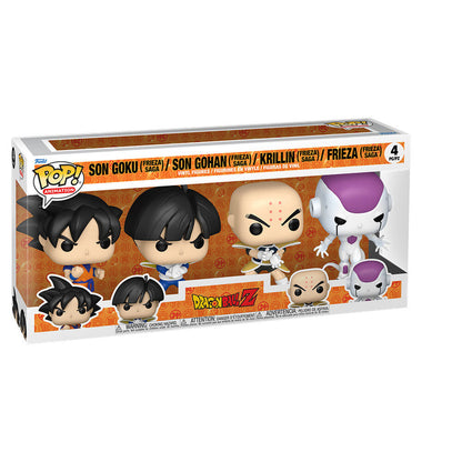 Blíster Funko POP! con cuatro figuras de Dragon Ball Z: Goku, Gohan, Krillin y Frieza