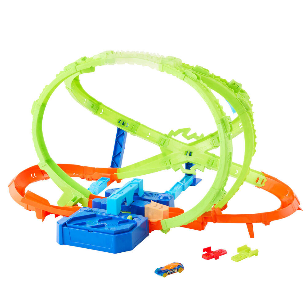 Pista Hot Wheels Stunt Tracks con loopings cruzados y coche 1:64