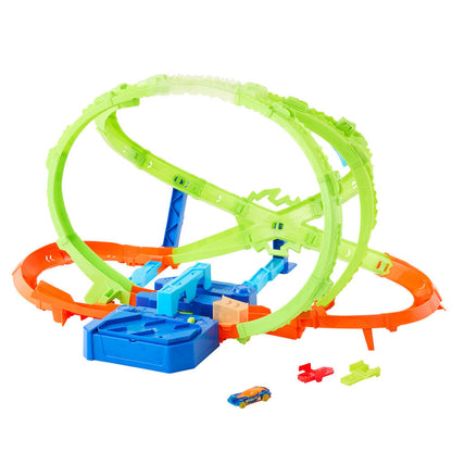 Pista Hot Wheels Stunt Tracks con loopings cruzados y coche 1:64