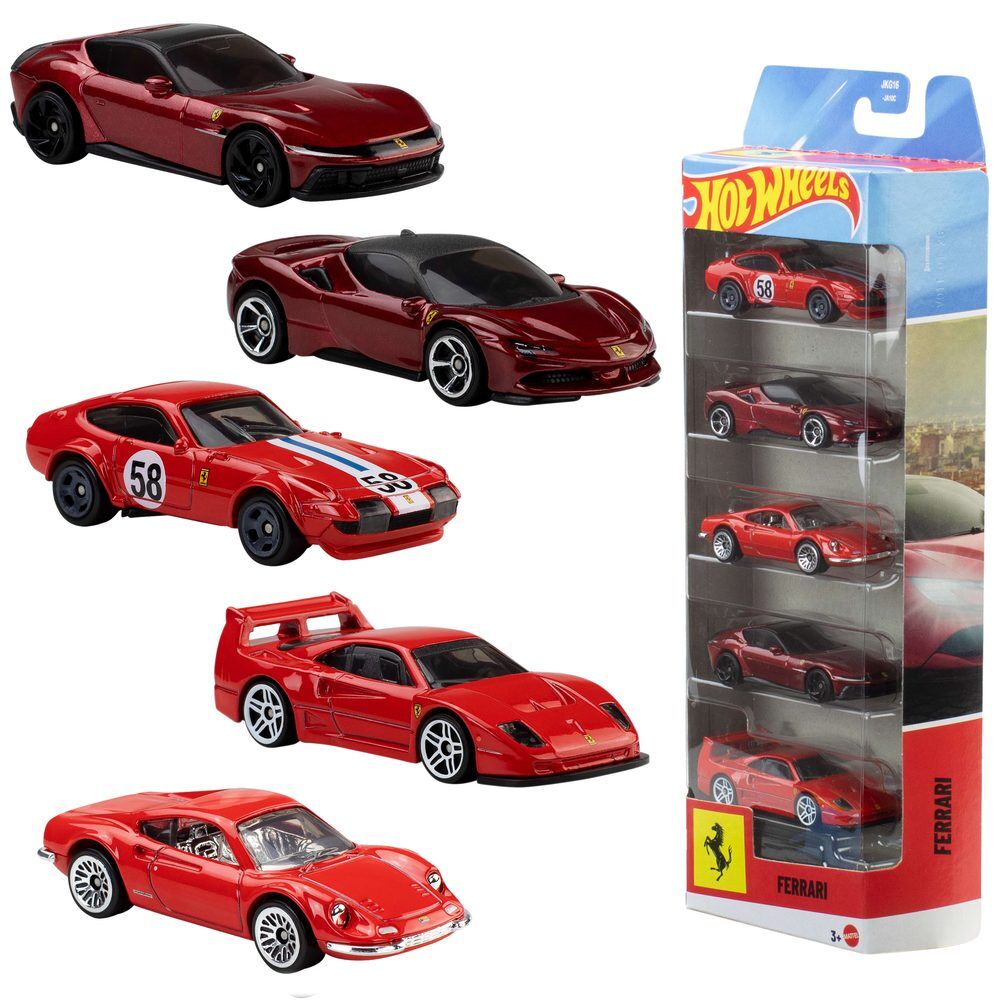 Blíster Hot Wheels con cinco vehículos Ferrari rojos a escala 1:64