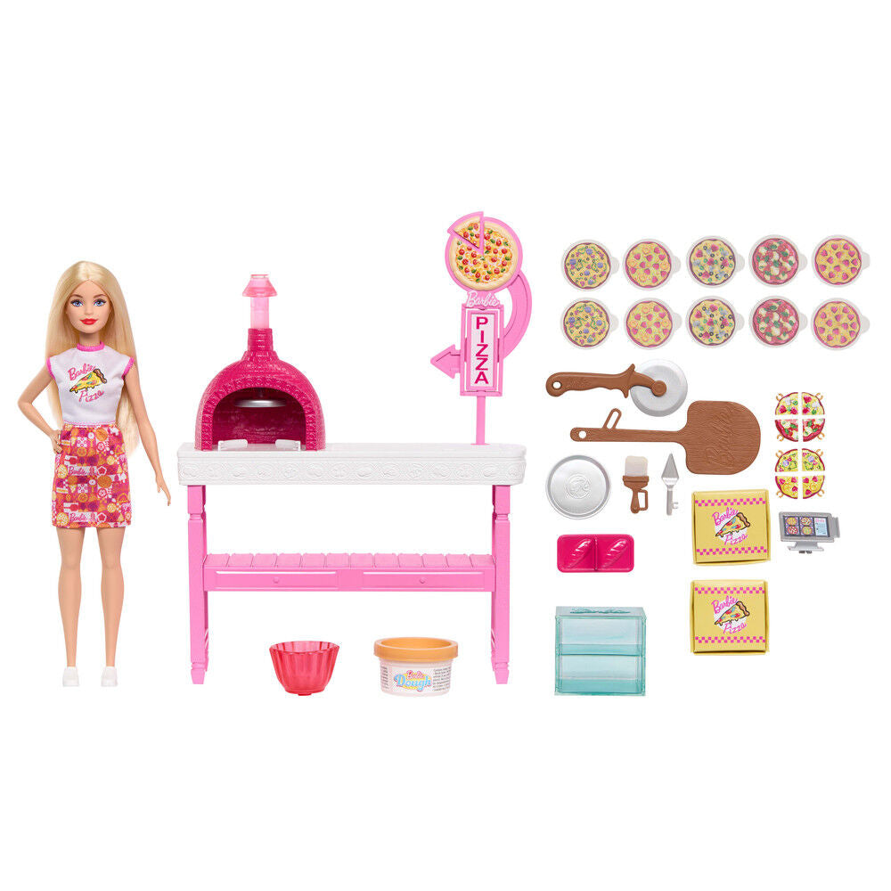 Muñeca Barbie con conjunto de pizzería rosa, horno y accesorios