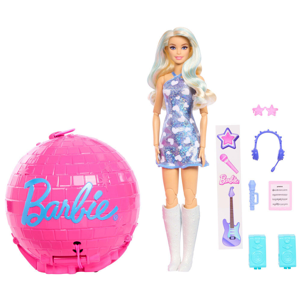Muñeca Barbie cantante del pop con esfera rosa y accesorios musicales