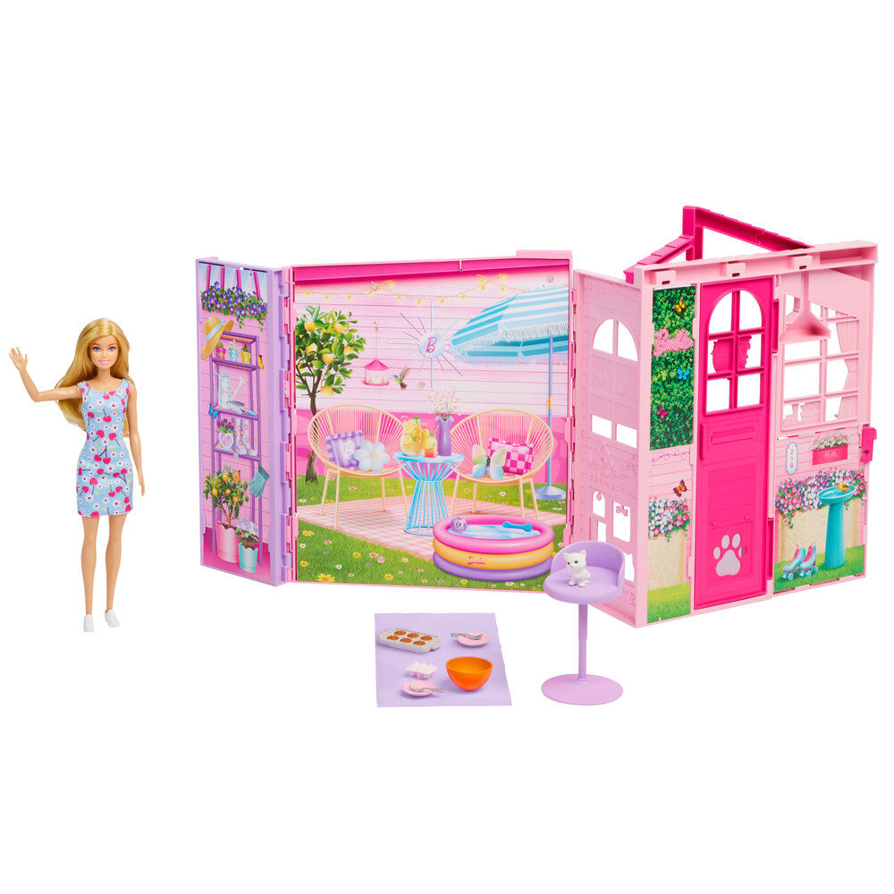 Casa de escapada Barbie plegable con muñeca y zonas de juego