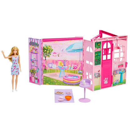 Casa de escapada Barbie plegable con muñeca y zonas de juego