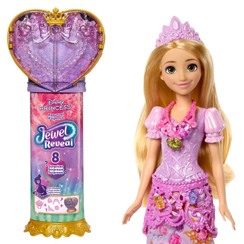 Muñeca Rapunzel Disney Jewel Reveal con vestido rosa, tiara y joya corazón
