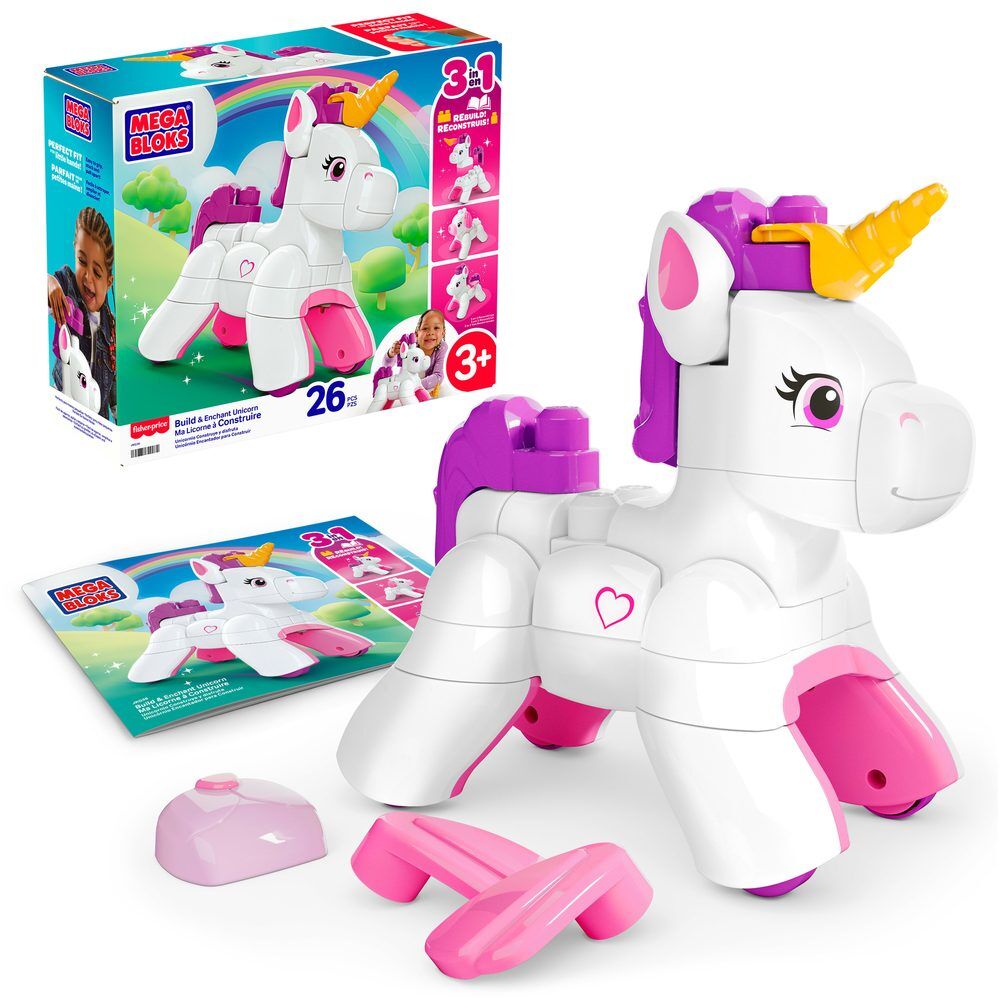 Unicornio MEGA Bloks blanco y rosa con cuerno dorado y ruedas