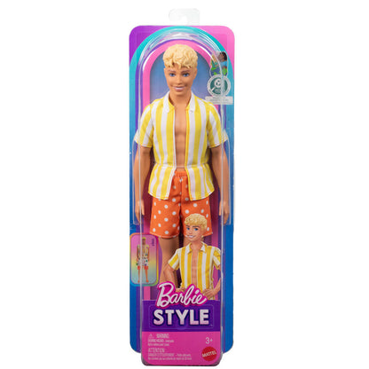 Muñeco Ken Barbie con camisa a rayas amarillas y blancas y pantalón corto naranja - 2