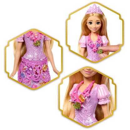 Muñeca Rapunzel Disney Jewel Reveal con vestido rosa, tiara y joya corazón - 5