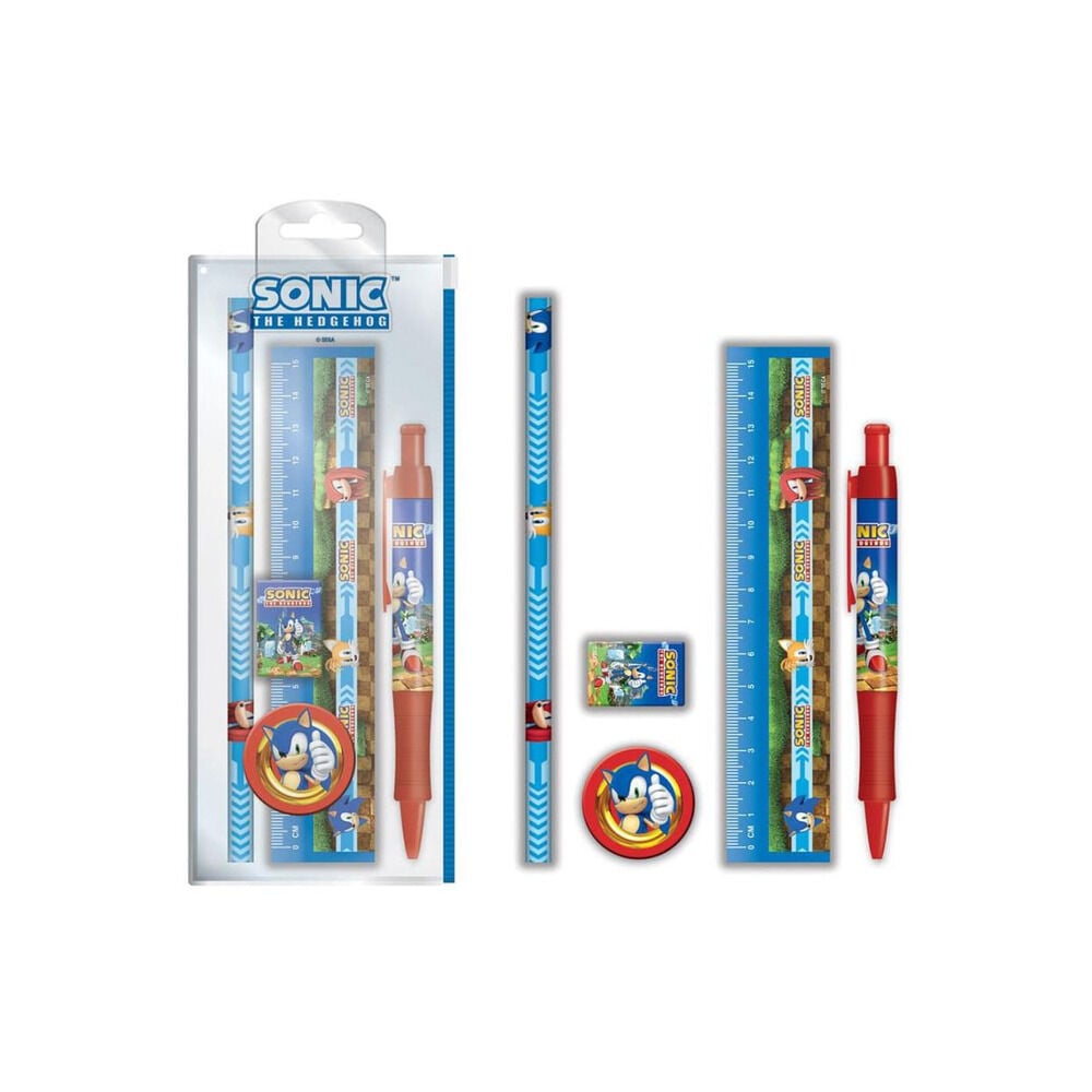 Set de papelería Sonic The Hedgehog con lápiz, bolígrafo, regla y goma