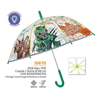 Paraguas PERLETTI transparente con diseño de dinosaurios y mango verde
