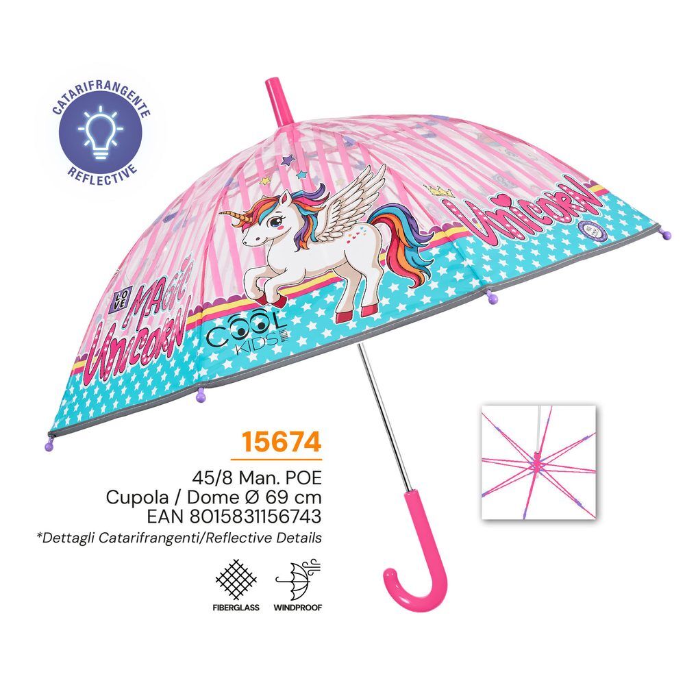Paraguas manual PERLETTI con cúpula transparente y diseño de unicornio