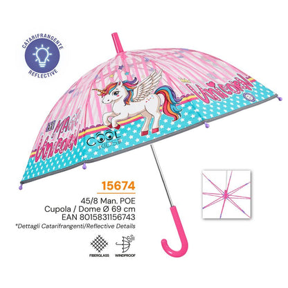 Paraguas manual PERLETTI con cúpula transparente y diseño de unicornio