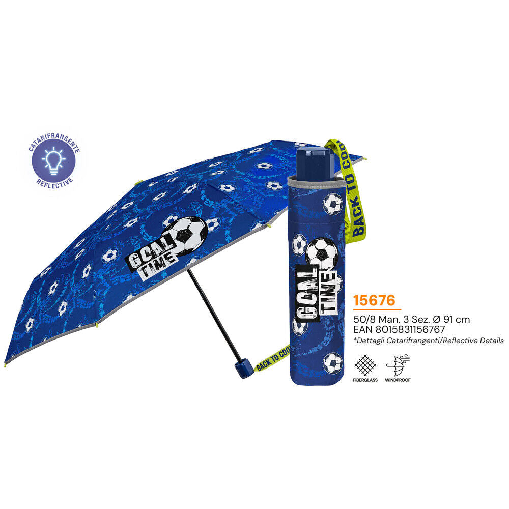 Paraguas plegable PERLETTI azul con diseño de balones de fútbol