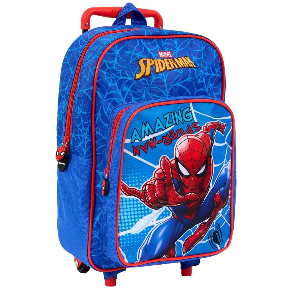 Trolley escolar azul de Spider-Man Marvel con ruedas y bolsillo frontal