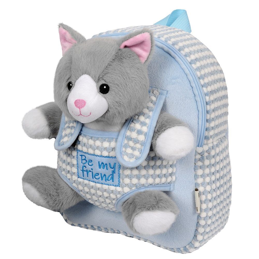 Mochila PERLETTI azul claro con peluche de gato gris