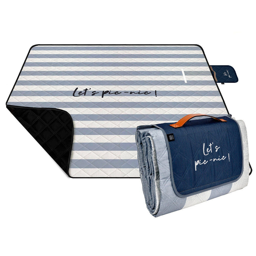 Manta de picnic PERLETTI a rayas gris y blanco plegada