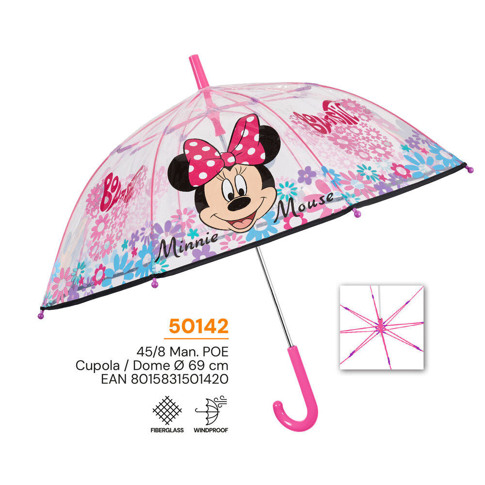 Paraguas transparente Minnie Disney con estampado floral y mango rosa