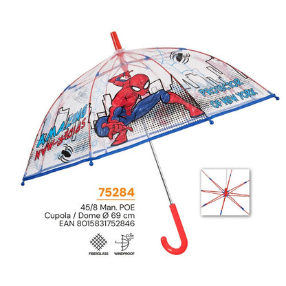 Paraguas transparente Spiderman Marvel con cúpula azul y roja