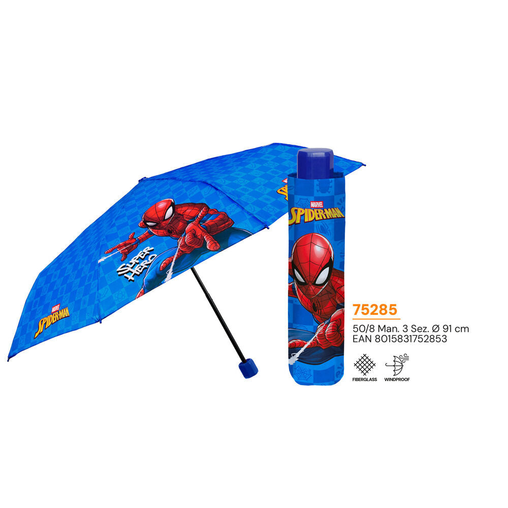 Paraguas plegable azul de Spiderman Marvel con funda